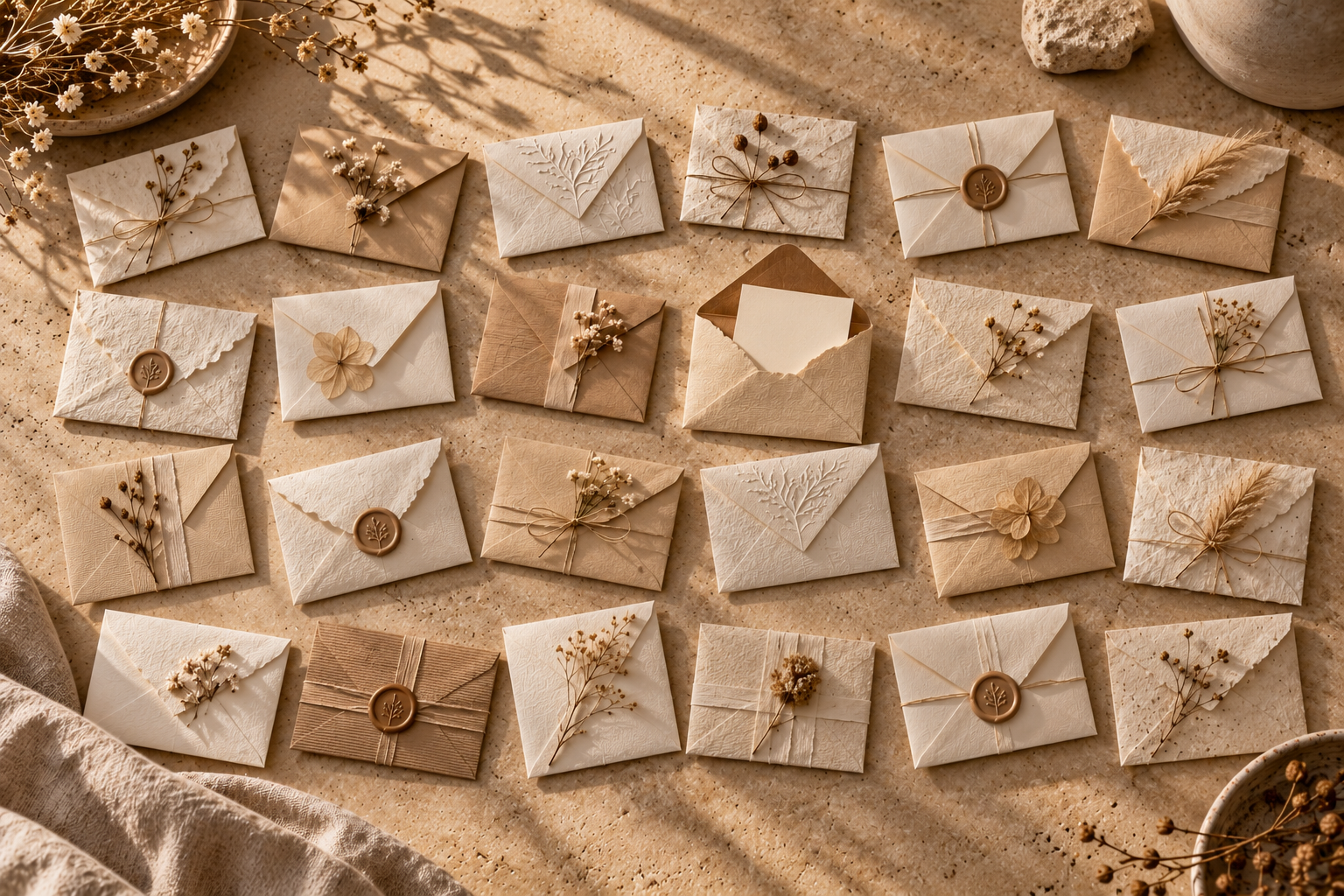 Adventskalender in Form von 24 handgefertigte cremefarbene Briefumschläge auf einem warmen Steintisch, einer davon geöffnet, dekoriert mit Trockenblumen und Wachssiegeln.