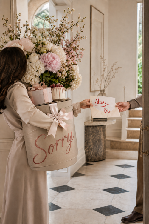 Eine Frau überreicht eine Absage und trägt gleichzeitig einen riesigen Blumenstrauß und ein Geschenk mit der Aufschrift „Sorry“ – ein Bild dafür, warum Grenzen setzen ohne Schuldgefühle so schwer sein kann, wenn sich ein stimmiges Nein trotzdem wie etwas anfühlt, das wiedergutgemacht werden muss.